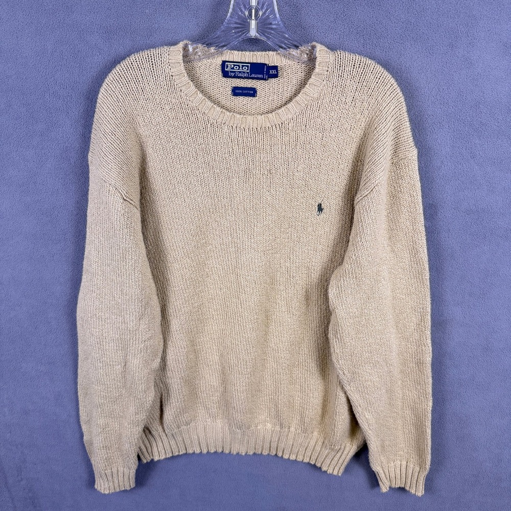 VTG Polo Ralph Lauren Knit Sweater Mens 2XL Tan Crewneck Cotton Pony Logo